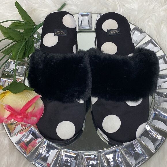 Victoria’s Secret Black Satin Slippers W Large White Polka Dot & Black F… - Picture 2 of 5